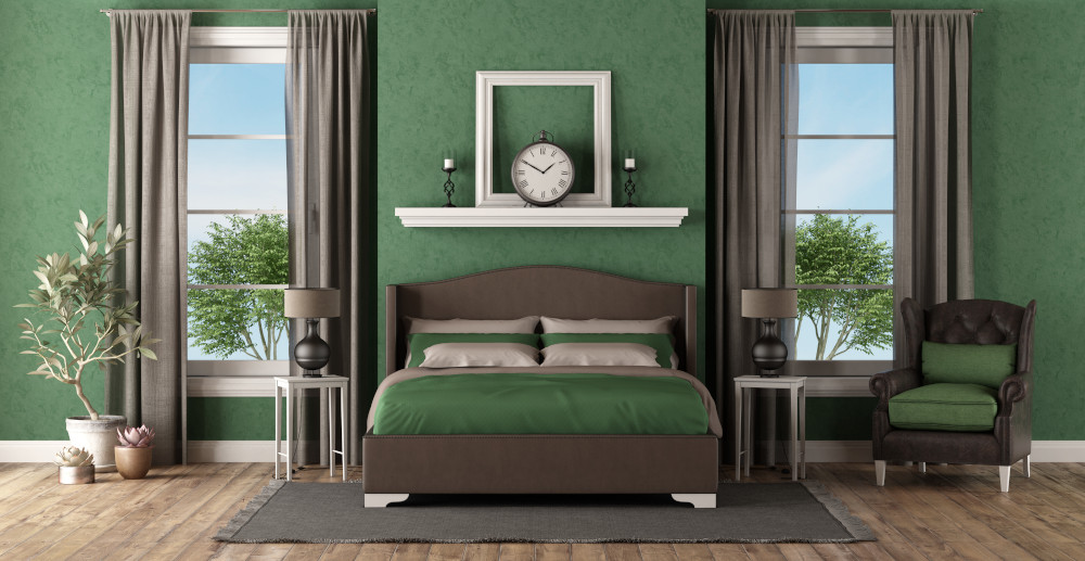 Aranżacja sypialni w kolorze butelkowej zieleni