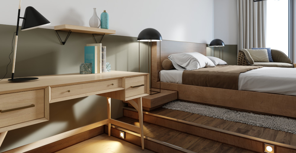 Sypialnia z miejscem do pracy - aranżacja sypialni z biurkiem i łóżkiem