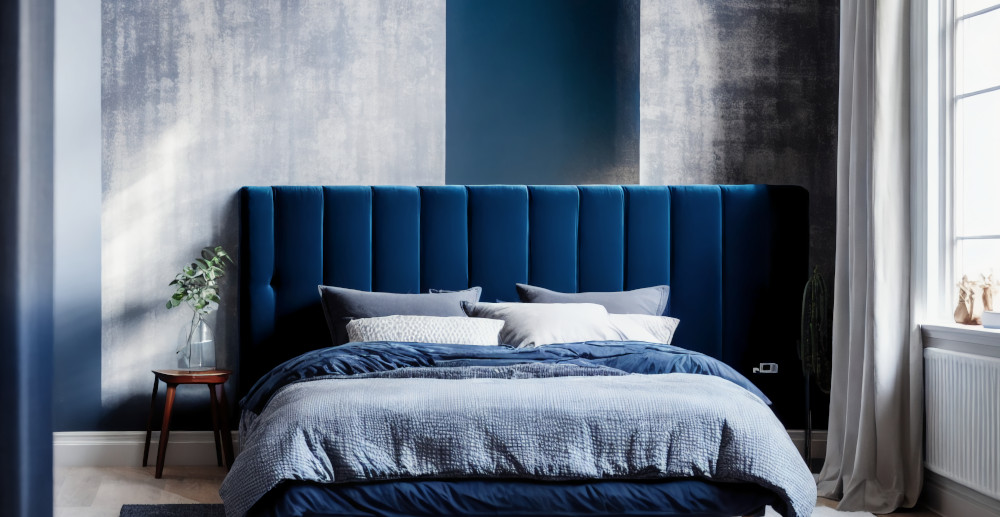 niebieskie łóżko w sypialni