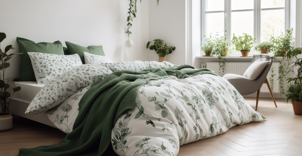 Jasna sypialnia z zielonymi akcentami