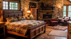 sypialnia w stylu góralskim, aranżacja sypialni góralskiej z drewnianym łóżkiem
