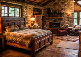 sypialnia w stylu góralskim, aranżacja sypialni góralskiej z drewnianym łóżkiem