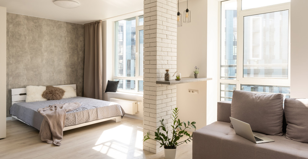 pokój dzienny z sypialnią w jednym