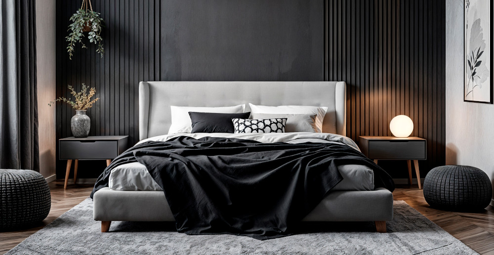sypialnia czarno biała - aranżacja sypialni w kolorach czerni i bieli
