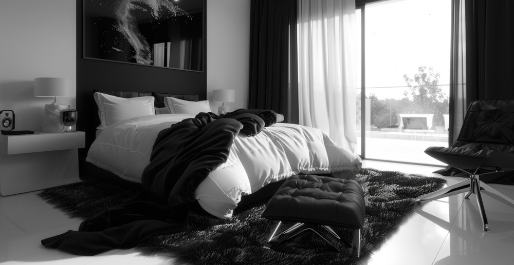 sypialnia czarno biała - aranżacja sypialni w kolorach czerni i bieli