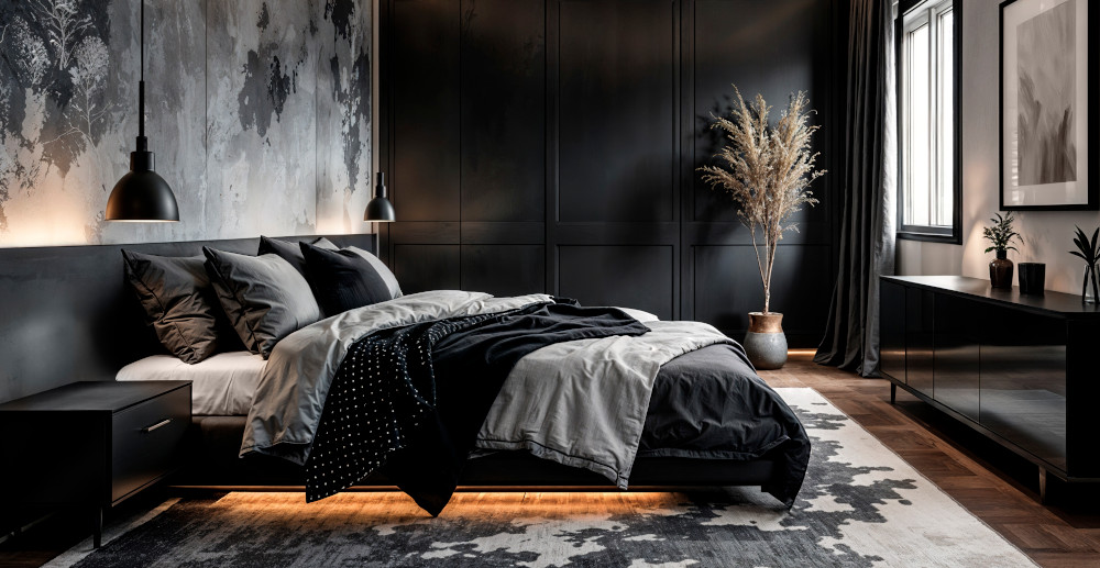 sypialnia czarno biała - aranżacja sypialni w kolorach czerni i bieli