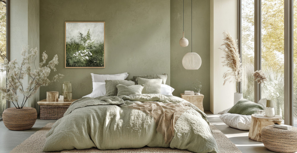 oliwkowa sypialnia - aranżacja sypialni w kolorze oliwkowym