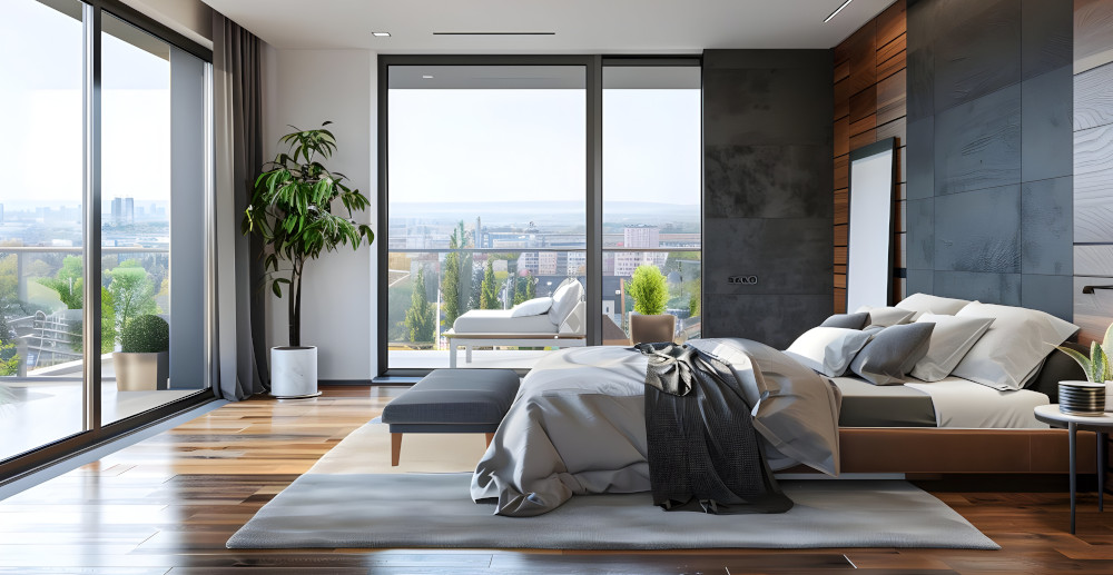 sypialnia z dużym oknem