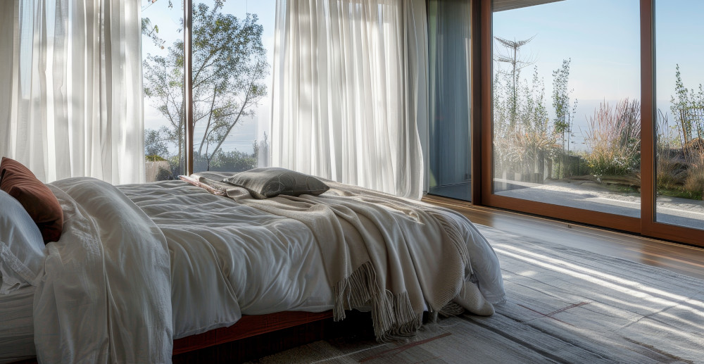 sypialnia z dużym oknem