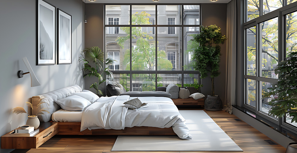 sypialnia z dużym oknem