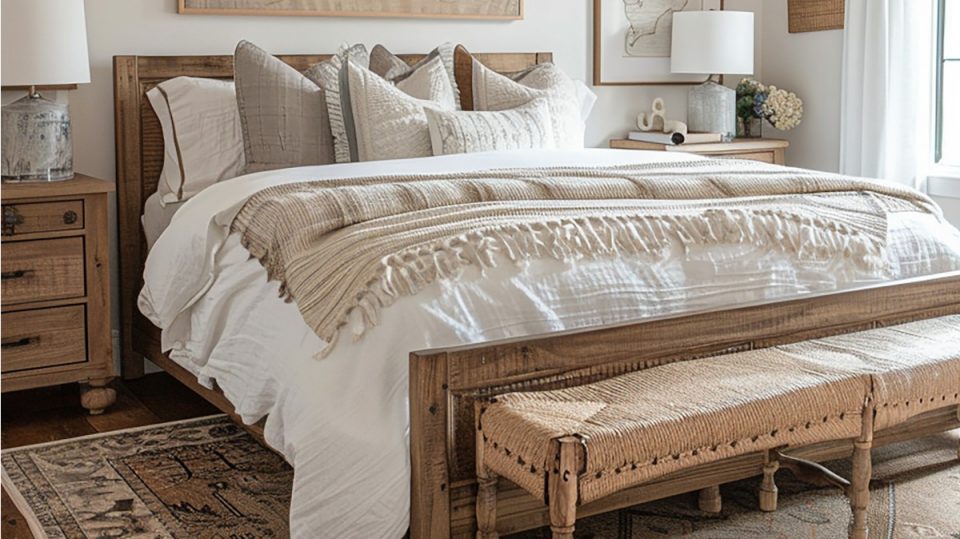 sypialnia modern farmhouse - aranżacja sypialni w stylu modern farmhouse