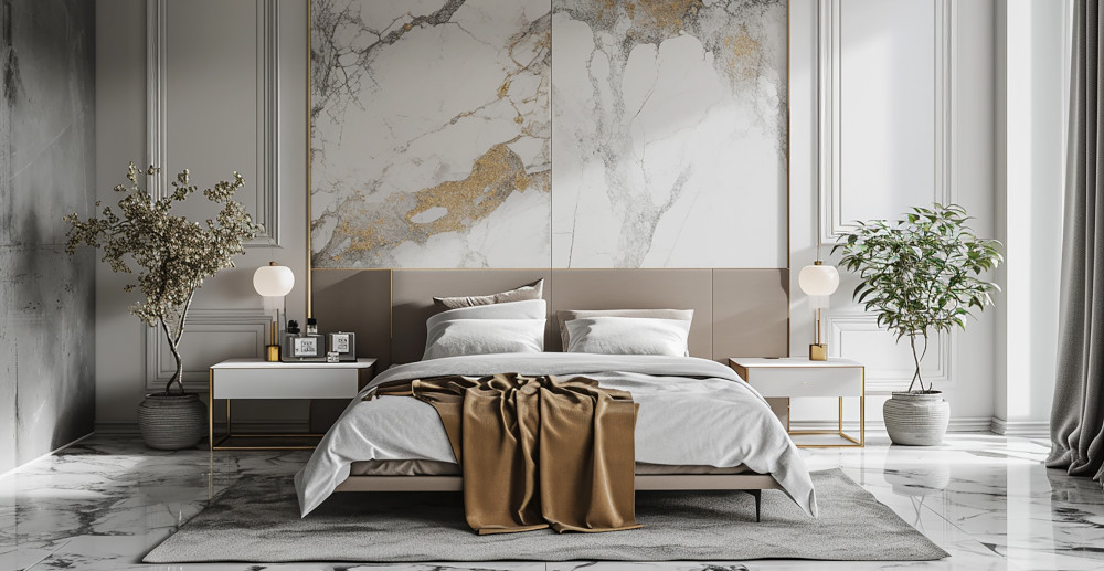 sypialnia z motywem marmuru